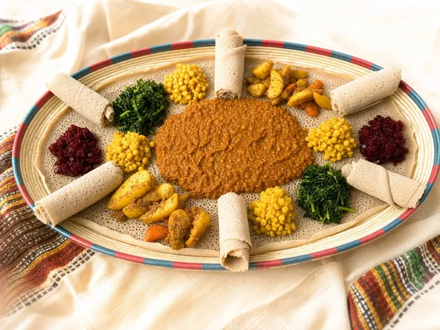 Vegetarian platter with red lentil stew in the centre, greens, peas and potatoes, and rolled injera