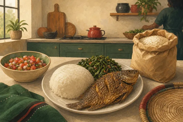 Mchoro: ugali, sukuma wiki, tilapia ya kukaanga na kachumbari juu ya kaunta ya jikoni