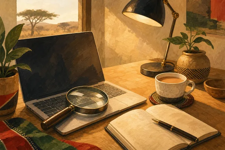 Mchoro: lenzi ya kukuza juu ya kibodi ya kompyuta mpakato kando ya daftari na chai